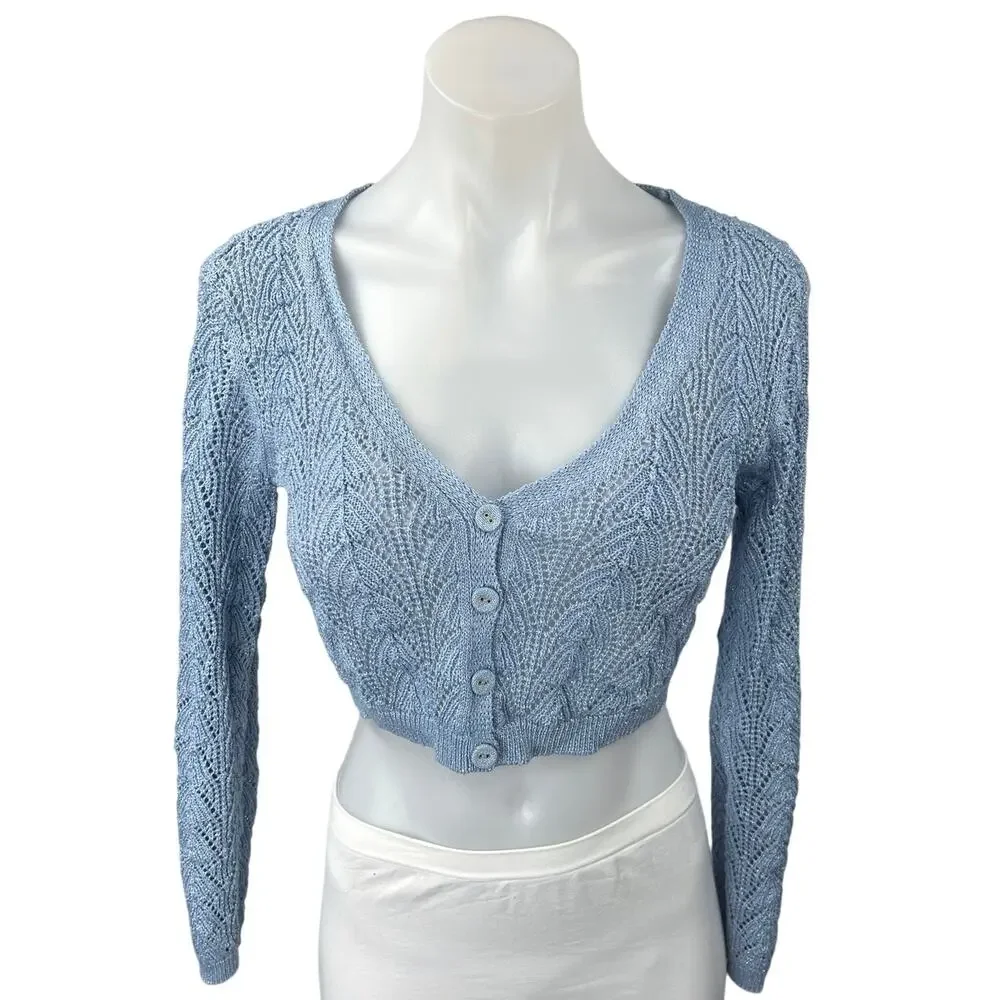 Urban Outfitters Blue Metallic Knit Long Sleeve Button Up Cardigan Sweater Top S